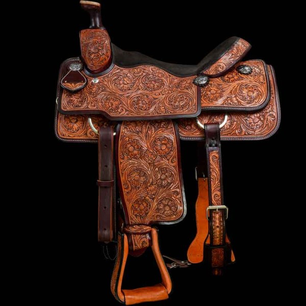 Adorned with intricate floral tooling, vibrant stains, and 6 engraved conchos, it's a showstopper for rodeo enthusiasts. Personalize this western roping saddle now!